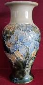 ROYAL DOULTON GLAZED STONEWARE VASE WITH FOLIAGE DECORATION, APPROXIMATELY 34cm HIGH SLIGHT CHIP