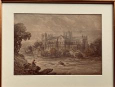 WATERCOLOUR SKETCH OF RIPON CATHEDRAL, NOTE ON REVERSE INDICATES DAVID COX, APPROXIMATELY 18 x 26cm