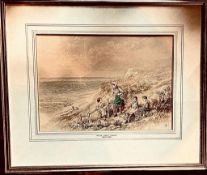 MYLES BIRKET FOSTER, WATERCOLOUR- PICNIC IN THE DUNES, APPROXIMATELY 19 x 28cm