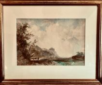 ATTRIBUTED TO DAVID COX, WATERCOLOUR- HARLECH CASTLE NORTH WALES, FRAMED AND GLAZED, APPROXIMATELY