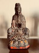 CARVED WOOD, PAINTED AND GILDED FIGURE OF KWAN YIN(?), APPROXIMATELY 27cm HIGH