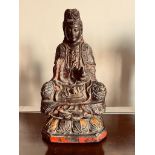 CARVED WOOD, PAINTED AND GILDED FIGURE OF KWAN YIN(?), APPROXIMATELY 27cm HIGH