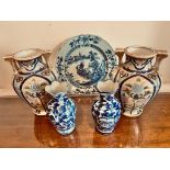 18th CENTURY ORIENTAL BLUE AND WHITE PLATE, TWO NORITAKE VASES APPROXIMATELY 18cm HIGH