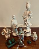 TWO FIGURES OF KWAN YIN, APPRXIMATELY 23.5cm HIGH PLUS FIVE OTHER ITEMS AND WORCESTER(?) FIGURE
