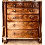 VICTORIAN FIGURED MAHOGANY CHEST OF DRAWERS, PILASTERS TO EACH SIDE, APPROXIMATELY 132 x 120 x 55cm