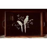 WOODEN FRAMED TEA TRAY DEPICTING PERCHED PARROTS(?)