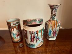 THREE PIECES OF CANTONESE CERAMICS INCLUDING VASE, STORAGE POT, PLUS STORAGE JAR WITH COVER.