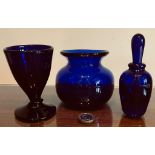 BRISTOL BLUE COLOURED GLASS BOWL, WINE GLASS AND PERFUME DISPENSER WITH GLASS STICK