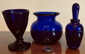 BRISTOL BLUE COLOURED GLASS BOWL, WINE GLASS AND PERFUME DISPENSER WITH GLASS STICK