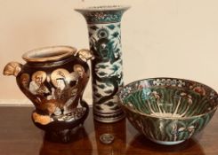 TWO 20th CENTURY JAPANESE VASES AND A GREEN GLAZED BOWL