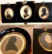 FIVE UNKNOWN SUBJECTS PLUS TWO MINIATURE SILHOUETTES, LONGEST ONE IS APPROXIMATELY 14cm (FRAME) HIGH