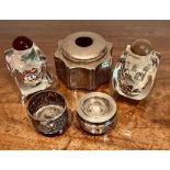 TWO GLASS PERFUME BOTTLES, ORIENTAL SILVER COLOURED INKPOT AND TWO OTHER SILVER COLOURED ITEMS