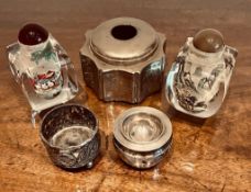 TWO GLASS PERFUME BOTTLES, ORIENTAL SILVER COLOURED INKPOT AND TWO OTHER SILVER COLOURED ITEMS