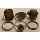 THREE RINGS SET WITH SEMI-PRECIOUS STONES, RING SET WITH 1941 THREE-PENCE IN MOUNT PLUS GEORGE VI