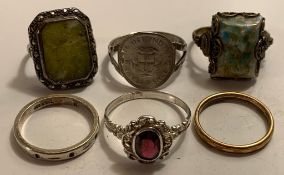 THREE RINGS SET WITH SEMI-PRECIOUS STONES, RING SET WITH 1941 THREE-PENCE IN MOUNT PLUS GEORGE VI
