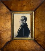 UNKNOWN SUBJECT- SILHOUETTE WITH ADDED COLOUR WITHIN MAPLE VENEERED FRAME, CIRCA 1860