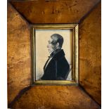 UNKNOWN SUBJECT- SILHOUETTE WITH ADDED COLOUR WITHIN MAPLE VENEERED FRAME, CIRCA 1860