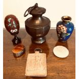 CHRISTIAN STONE EARLY ICON, FACETED BALUSTER VASE AND SCREW COVER PLUS FIVE OTHER OBJECTS