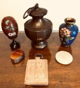 CHRISTIAN STONE EARLY ICON, FACETED BALUSTER VASE AND SCREW COVER PLUS FIVE OTHER OBJECTS