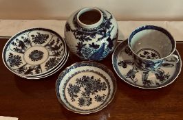 JAPANESE OVOID STORAGE JAR, CUP AND SAUCER, THREE MATCHING SAUCERS PLUS ANOTHER