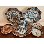 PAIR OF JAPANESE IMARI PLATES, ANOTHER, STORAGE JAR, TEAPOT AND THREE SAUCERS