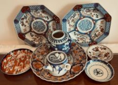 PAIR OF JAPANESE IMARI PLATES, ANOTHER, STORAGE JAR, TEAPOT AND THREE SAUCERS