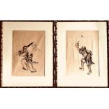 PAIR OF HAND DRAWN REPRESENTATIONS OF ORIENTAL FIGURES HOLDING A BANNER AND CATCHING A BAT,