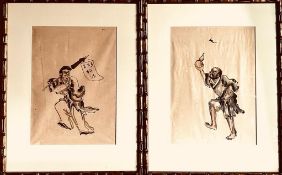 PAIR OF HAND DRAWN REPRESENTATIONS OF ORIENTAL FIGURES HOLDING A BANNER AND CATCHING A BAT,