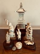 IVORY PAGODA PLUS SIX FURTHER IVORY FIGURES