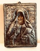19th CENTURY REPOUSSE SILVER COLOURED METAL CHRISTIAN ICON, APPROXIMATELY 8.5 x 6.5cm