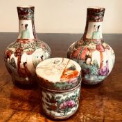 PAIR OF SMALL CHINESE FAMILLE ROSE VASES, APPROXIMATELY 15cm HIGH, AND CYLINDRICAL VASE AND COVER