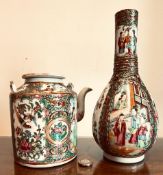 CANTONESE TEAPOT AND BOTTLE VASE, APPROXIMATELY 24cm HIGH