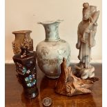 20th CENTURY VASE, TWO SOAPSTONE CARVINGS, CLOISONNE VASE PLUS PIECE OF POLISHED WOOD