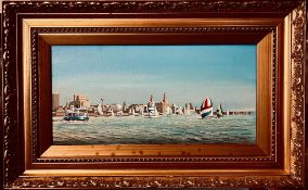 SHIMMIN, OIL ON CANVAS- TUG AND SAILING BOATS WITH BILLOWING SPINNAKER SAILS ON THE MERSEY, CIRCA