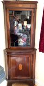 MAHOGANY INLAID STANDING CUPBOARD, APPROXIMATELY 180cm HIGH AND 74cm WIDE