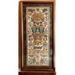 FINELY EMBROIDERED ORIENTAL PANEL WITH SILK AND GOLD COLOURED THREADS DEPICTING VASES AND PLANTERS