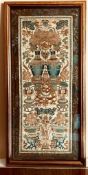FINELY EMBROIDERED ORIENTAL PANEL WITH SILK AND GOLD COLOURED THREADS DEPICTING VASES AND PLANTERS