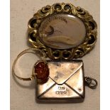 ANTIQUE STERLING SILVER STAMP BOX CHARM, 14ct POLISH GOLD RING SET WITH AMBER, WEIGHT 1.8g, PLUS