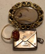 ANTIQUE STERLING SILVER STAMP BOX CHARM, 14ct POLISH GOLD RING SET WITH AMBER, WEIGHT 1.8g, PLUS