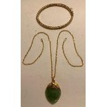 9ct GOLD BANGLE APPROXIMATELY 5.1g AND 9ct CHAIN WITH JADEITE HEART APPROXIMATELY 8.7g