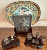 ORIENTAL ENAMELLED TRAY, SELANGOR PLAQUE AND TWO SILVER COLOURED FIGURES