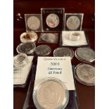 USA PROOF SILVER DOLLAR, QUEEN VICTORIA 2001 GUERNSEY PROOF, ELIZABETH II £5, QUEEN MOTHER £1 SILVER