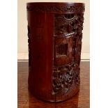 CARVED BAMBOO BRUSH POT, APPROXIMATELY 12.5cm HIGH AND 7cm IN DIAMETER