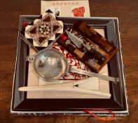 ORIENTAL PRINT, SILVER COLOURED TEA STRAINER AND BOOK MARK, ETC.