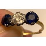 18ct GOLD RING SET WITH TWO SAPPHIRES APPROX 0.75 AND ONE DIAMOND APPROX 0.75g, TOTAL WEIGHT 2.9g