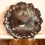 GOOD SILVER SALVER WITH ROCOCO BORDER AND ACANTHUS AND SCROLL FEET, MAKER EB & JB, DIAMETER