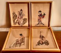 FOUR EARLY 20th CENTURY JAPANESE PAINTINGS ON SILK, FRAMED AND GLAZED, EACH BEING APPROXIMATELY 22.5