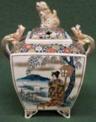 Small Oriental handpainted and gilded pottery potpourri pot with cover, decorated with Geishas.