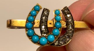 9ct GOLD BROOCH SET WITH THIRTEEN SMALL DIAMONDS AND TWELVE SMALL TURQUOISES, WEIGHT APPROXIMATELY