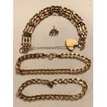 TWO 9ct GOLD CHAIN BRACELETS, 9ct GATE BRACELET WITH HEART LOCK AND A PAIR OF UNMARKED METAL TOPAZ